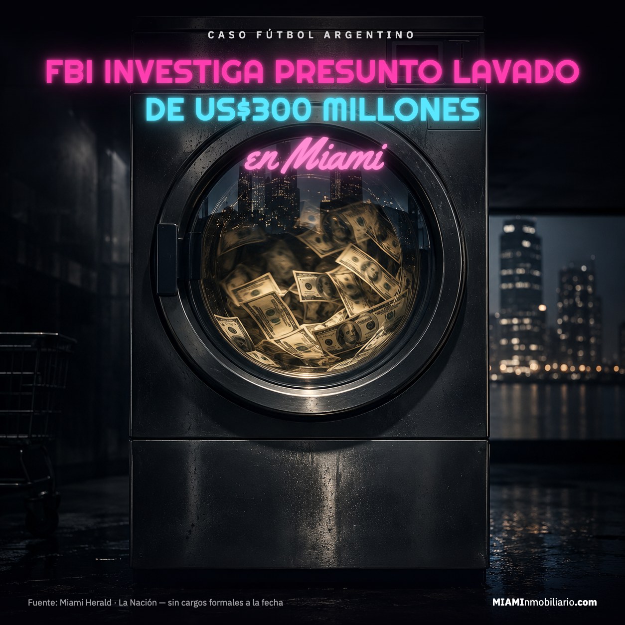 Miami Vice-style illustration: the FBI investigates an alleged $300 million laundering scheme in Miami — a washing machine full of dollars facing the skyline